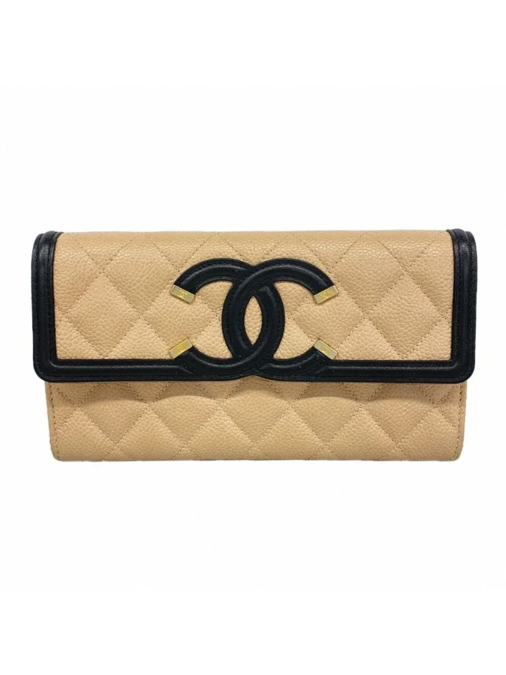 Chanel Wallet CC Filigree Caviar Leather Beige Gold